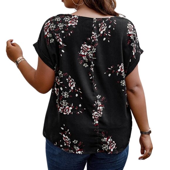 Plus Size V Neck Floral Printed Blouse Sh Sleeve Black White Pink Flowers - Picture 2 of 5